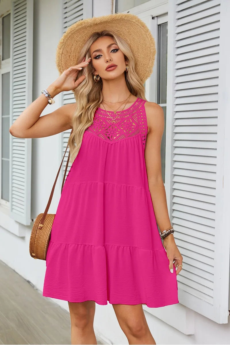Hollow Lace Patchwork Halter Neck Women A Line Dress Summer Casual Solid Color Loose Beach Holiday Sundress - The Clothing Company Sydney