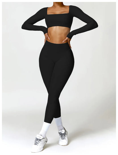 2 Piece Long Sleeve Gym Set Women Yoga Clothes Quick-Drying Sportswear Running Leggings Workout Sports Crop Top Shorts - The Clothing Company Sydney
