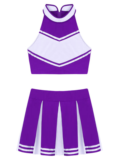 Women's Cheerleading Costume Uniform Carnival Cosplay Outfit Stand Collar Sleeveless Crop Top with Mini Pleated Skirt - The Clothing Company Sydney
