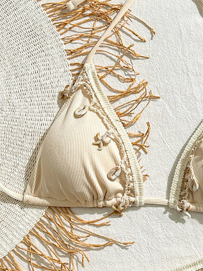 Shell Decoration Ribbed Bikini Women Swimwear Swimsuit Two-pieces Bikini Set Halter Strappy Bather Bathing Suit The Clothing Company Sydney