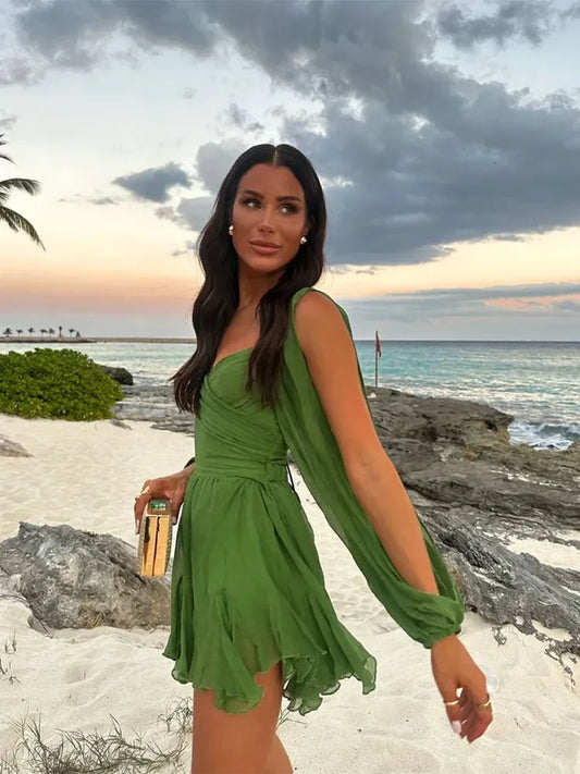 Green Pleated Mini Elegant V-neck Split Long Sleeve A-line Summer Lady Solid Backless Lace Up Dress - The Clothing Company Sydney