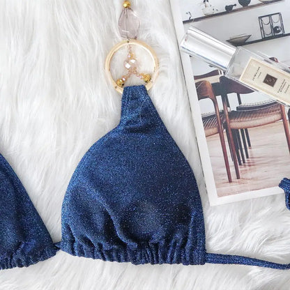 Rhinestone Two 2 Piece Swimsuit Crystal Thong String Bikini Set Women Swimwear Beach Wear Bathing Suit - The Clothing Company Sydney