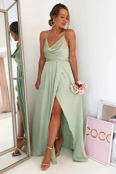 Mint Green Bridesmaid Dresses Side Slit Backless Gown Long Satin Spaghetti Strap Summer Evening Dress The Clothing Company Sydney