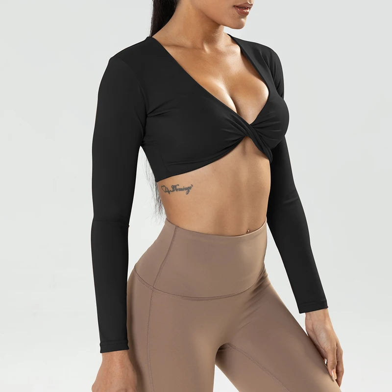 Long Sleeve Gym Crop Tops for Women Twist Deep V Workout Crop T Shirt Top Quick Dry Padded Sports Fitness Yoga Top The Clothing Company Sydney