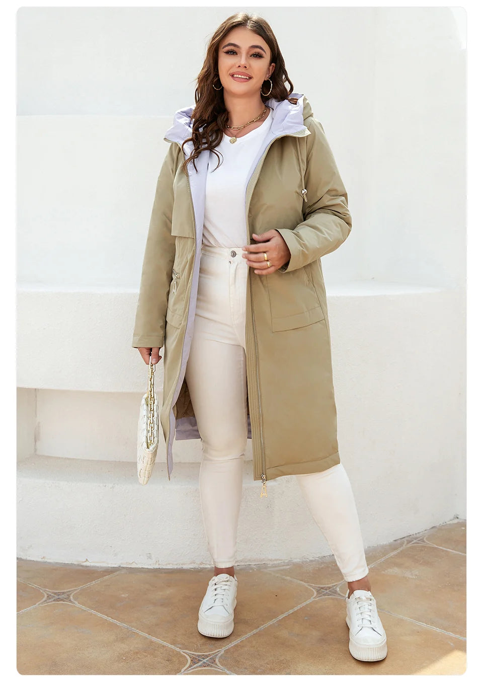 Women's jacket spring zipper long trench hooded outwear parka coat - The Clothing Company Sydney