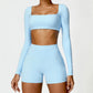 2 Piece Long Sleeve Gym Set Women Yoga Clothes Quick-Drying Sportswear Running Leggings Workout Sports Crop Top Shorts