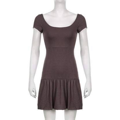 Brown Vintage Y2K Folds Slim Summer Mini Dress for Women Round Neck Dress The Clothing Company Sydney