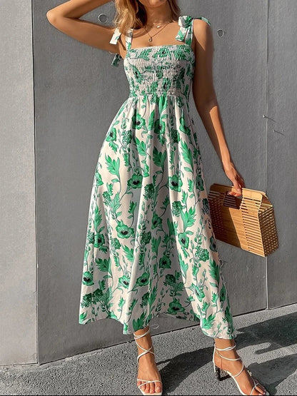 Floral Long Dress Women's Backless Sleeveless Bandage Beach Sundress Casual Green Summer Ladies Dresses - The Clothing Company Sydney