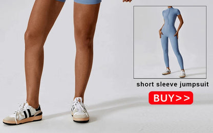 Summer Women's One-piece Yoga Pants Short Sleeve Shorts Overalls Zipper Front High Elastic Cycling Seamless Bodybuilding Bodysuit - The Clothing Company Sydney