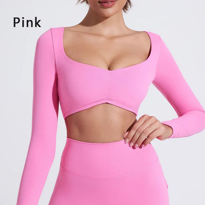 Nylon Gym Yoga long Sleeved T-shirt tight Pleated Sports women's waist tight yoga Top The Clothing Company Sydney