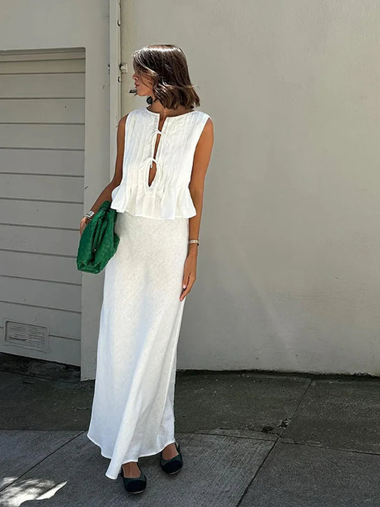 Elegant White Set 2 Piece Woman Chic Lace Up O Neck Ruffled Edge Short Matching Set Summer Street Outfit - The Clothing Company Sydney