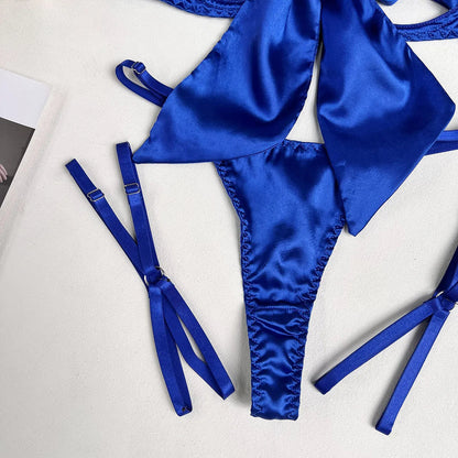 Bowknot Lingerie Open Bra Lace Up Underwear 3-Piece Satin Outfit Set The Clothing Company Sydney