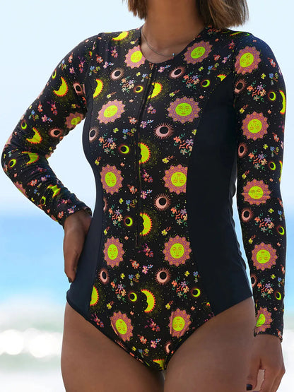 Women Print Floral One Piece Swimsuit Long Sleeve Bathing Suit Swimsuit Vintage Beachwear Surfing Swim Suit - The Clothing Company Sydney