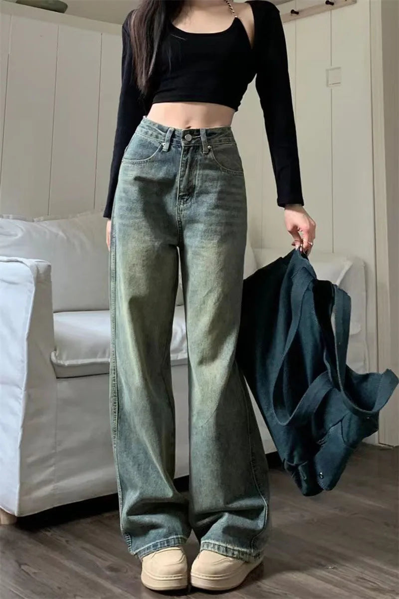 Vintage Baggy Straight Denim Trousers Y2K High Waist Loose Wide Leg Jeans Women Streetwear All-Match Casual Pants - The Clothing Company Sydney