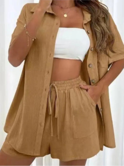 Casual Loose Single-breasted Top And Drawstring Shorts Set Fashion Ladies Suits Summer 2 Piece Set  Matching Outfits - The Clothing Company Sydney