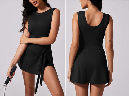 Women's Tennis Dress with Built in Shorts Athletic Dresses Sleeveless Boat Neck Active Workout Skort Dress - The Clothing Company Sydney