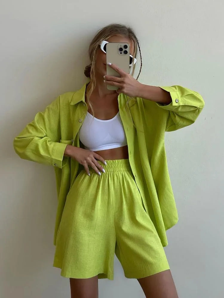 Summer Women's Suit Cotton Casual Shorts and Shirts 2 Piece  Matching Outfit Set Linen Fashion Blouse Women's Suit - The Clothing Company Sydney