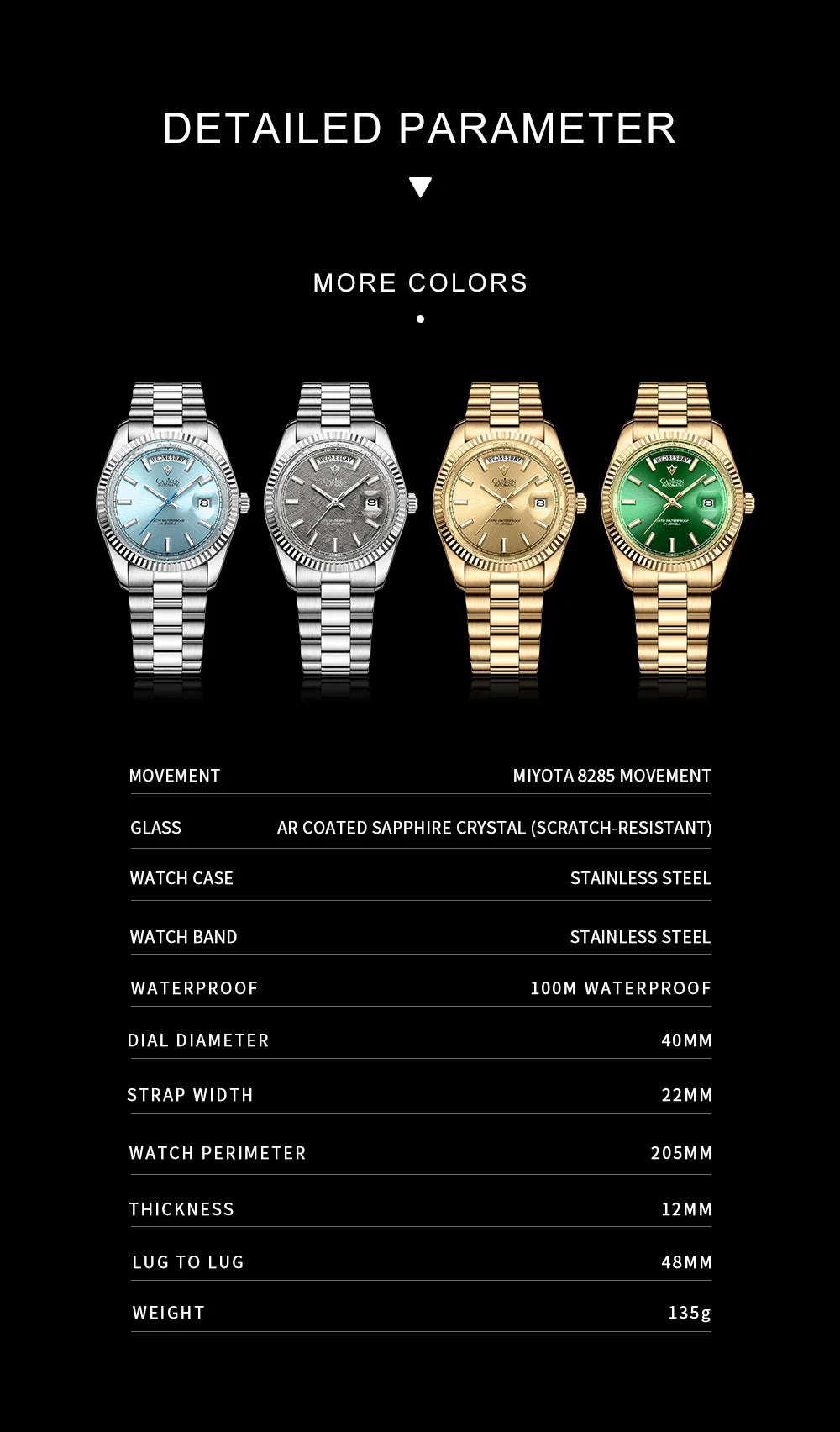 Cadisen DD40 Mens Luxury Automatic AR Sapphire Glass Mechanical Wristwatch 10Bar Miyota 8285 Movt Watch - The Clothing Company Sydney