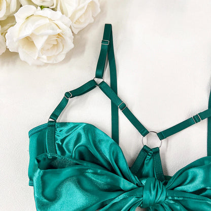 Bowknot Lingerie Open Bra Lace Up Underwear 3-Piece Satin Outfit Set The Clothing Company Sydney