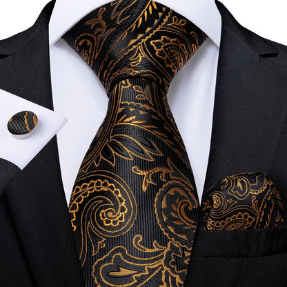Luxury Black & Gold Paisley Silk Tie Set – Men's Necktie, Pocket Square & Cufflinks Gift The Clothing Company Sydney