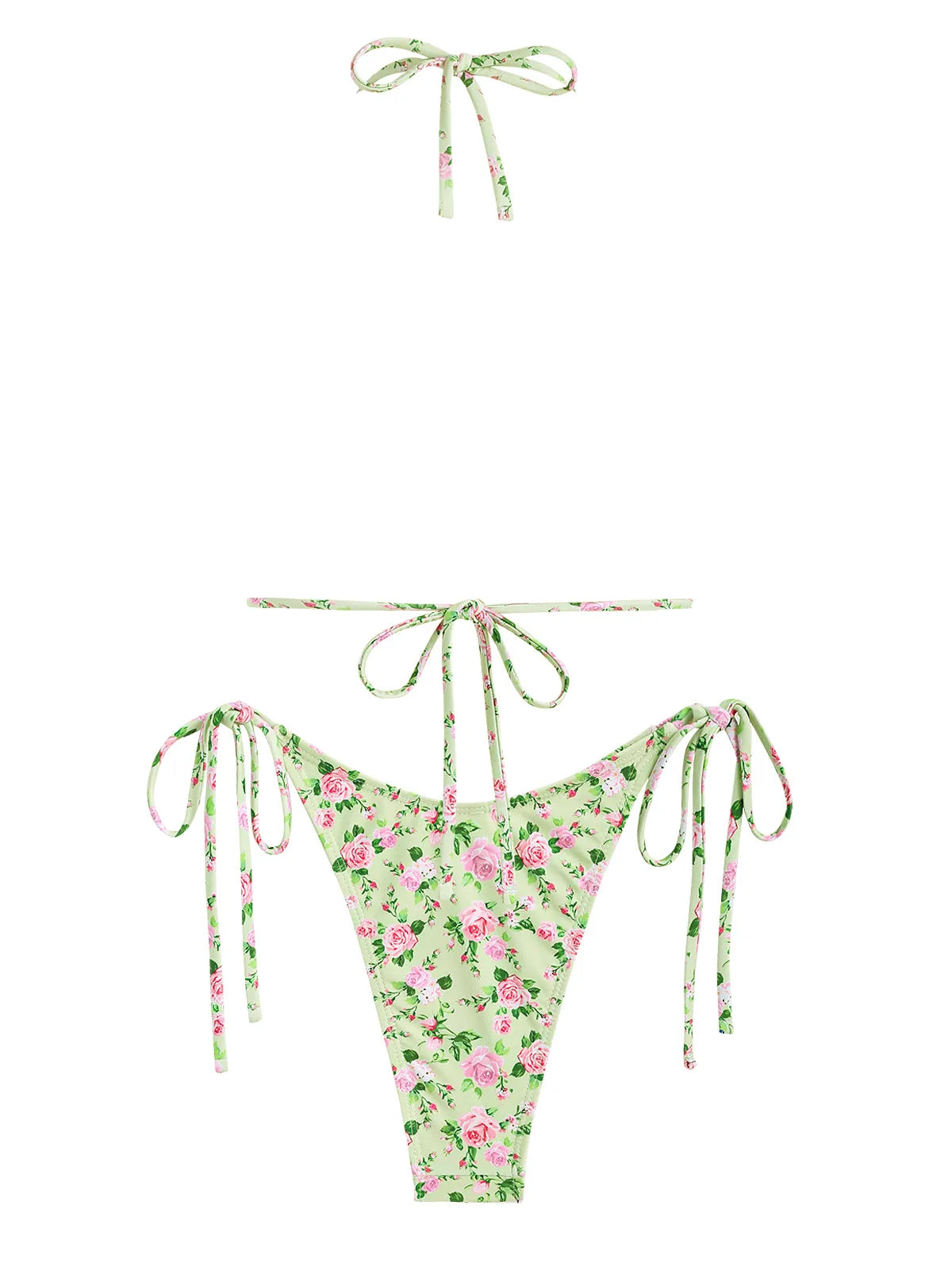 Women's Bow Decor Tiny Floral Halter Tie Side String Triangle Two Piece Swimwear Bikini Set The Clothing Company Sydney