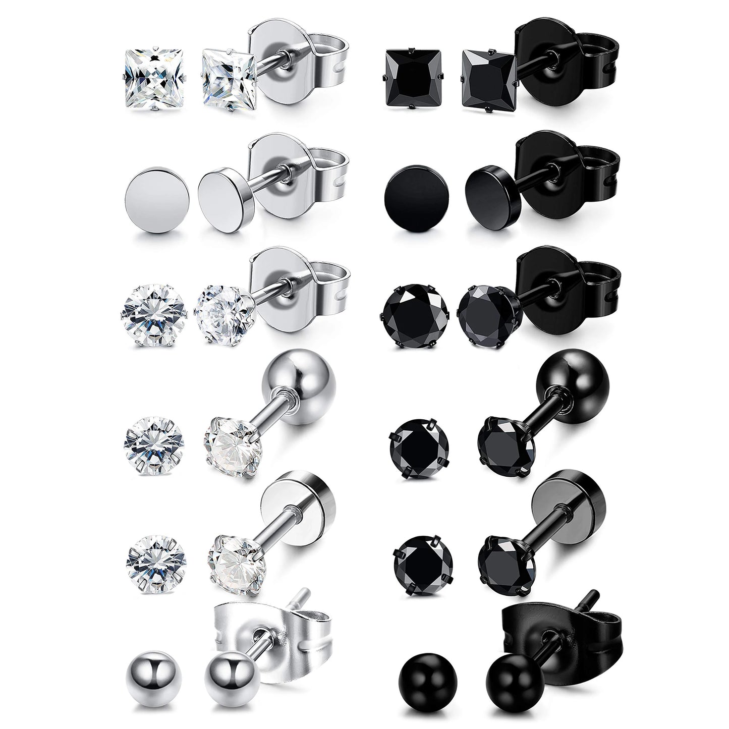 3-8mm Small Black Silver Colour Earrings Stone CZ Crystal Ear Studs Surgical Steel Cubic Unisex Accessories - The Clothing Company Sydney