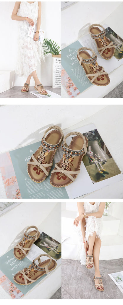 Women Fashion  Flat Flower Rhinestone Open Toe Outdoor Wear Beach Sandals - The Clothing Company Sydney