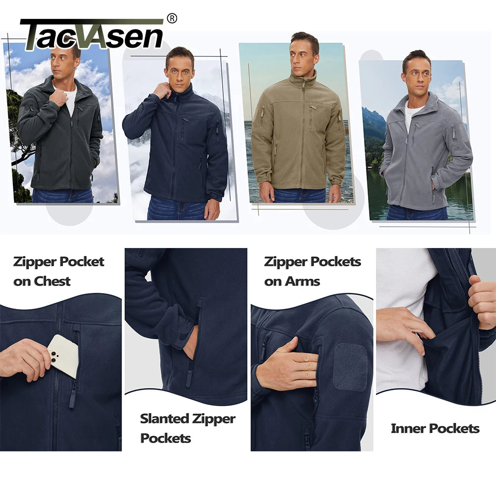 Full Zip Up Tactical Green Fleece Jacket Thermal Warm Work Coats Men's Pockets Safari Jacket Hiking Outwear Windbreaker - The Clothing Company Sydney