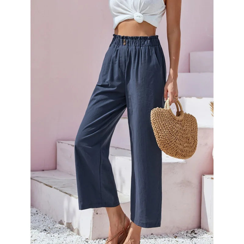 Women's Cotton Linen Loose Wide Leg Pants Summer Female High Elastic Waist Button Casual Streetwear Trousers The Clothing Company Sydney