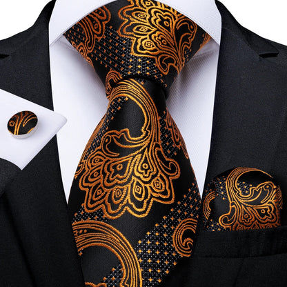 Luxury Black & Gold Paisley Silk Tie Set – Men's Necktie, Pocket Square & Cufflinks Gift The Clothing Company Sydney