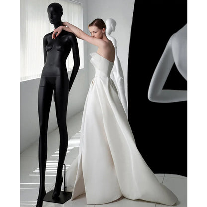Luxury White Satin Trailing Wedding Dresses Women Elegant Strapless Long Prom Party Bridal Dress - The Clothing Company Sydney