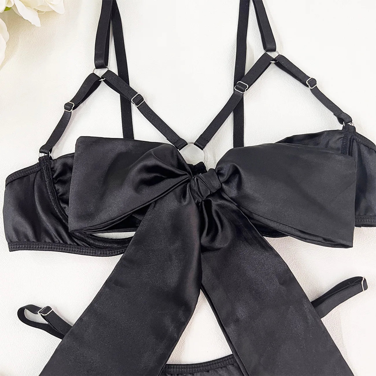 Bowknot Lingerie Open Bra Lace Up Underwear 3-Piece Satin Outfit Set The Clothing Company Sydney