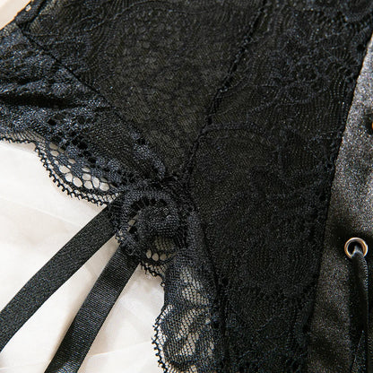 Lace Bodysuit Lace Up Costume Long Gloves Stocking See-Through Tights Lingerie Matching Outfit Set - The Clothing Company Sydney