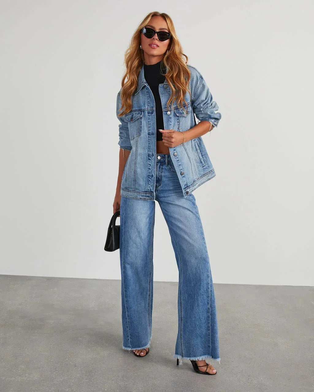 Spring Summer Women's Clothing Solid Color Loose Wide Leg Side Seam Stitching Frayed Hem Jeans The Clothing Company Sydney