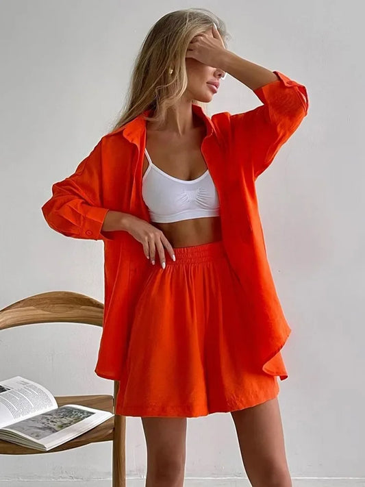 Summer Women's Suit Cotton Casual Shorts and Shirts 2 Piece  Matching Outfit Set Linen Fashion Blouse Women's Suit - The Clothing Company Sydney
