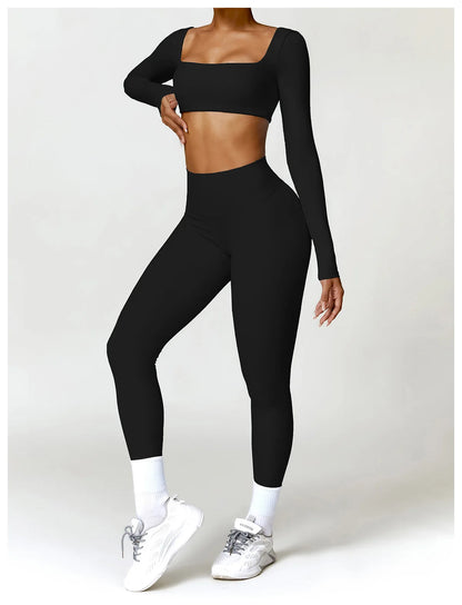 2 Piece Long Sleeve Gym Set Women Yoga Clothes Quick-Drying Sportswear Running Leggings Workout Sports Crop Top Shorts - The Clothing Company Sydney