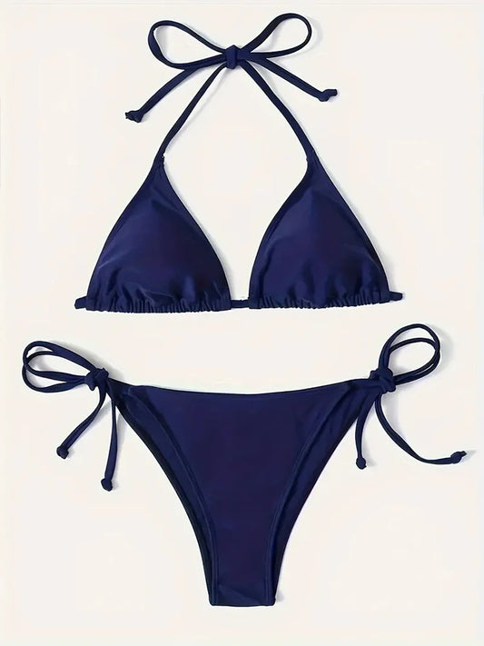 2 Piece Swimwear Thong Bikini Set Navy Blue Swimsuits Womens Bathing Suits Bikinis Triangle Bandage Female Beachwear - The Clothing Company Sydney