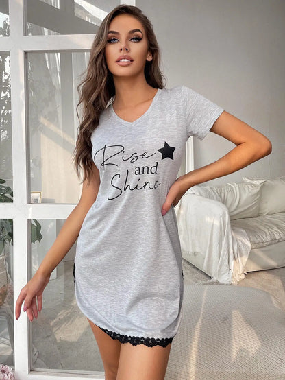 Summer Sleepwear Women Lace Hem Nightdress V-neck Short Sleeve Pajamas Nighties Nightgown Nightwear Side Split Skirt - The Clothing Company Sydney