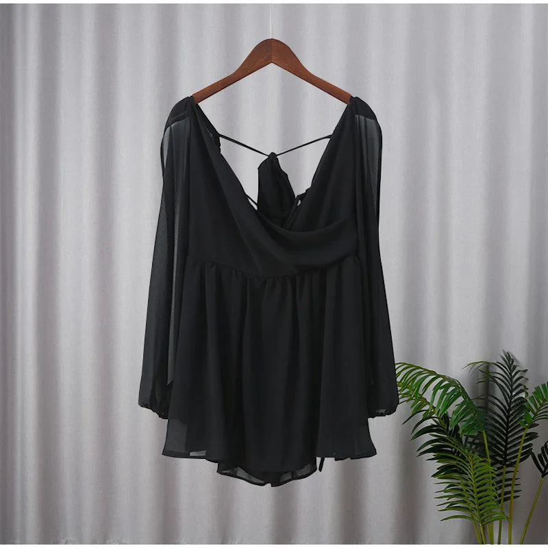 Green Pleated Mini Elegant V-neck Split Long Sleeve A-line Summer Lady Solid Backless Lace Up Dress - The Clothing Company Sydney