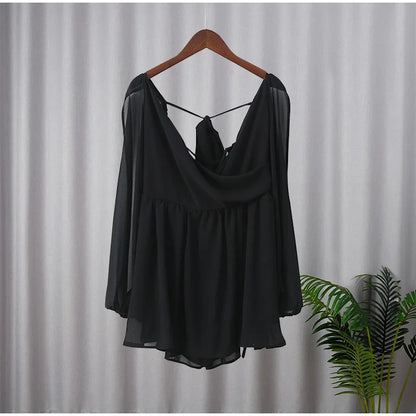 Green Pleated Mini Elegant V-neck Split Long Sleeve A-line Summer Lady Solid Backless Lace Up Dress - The Clothing Company Sydney