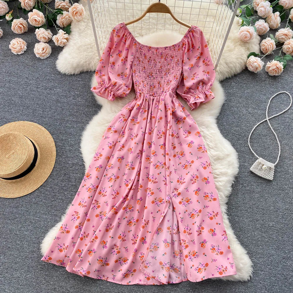 Women's Fashion Romantic Floral Print Split Long Summer Dress Puff Sleeve Party Dress - The Clothing Company Sydney
