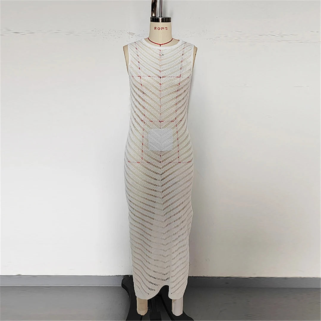 Hollow Out Sleeveless Crochet Knitted Tunic Beach Cover Up Cover-ups Mini Beach Dress Beach Wear Beachwear Female Women V6745 The Clothing Company Sydney