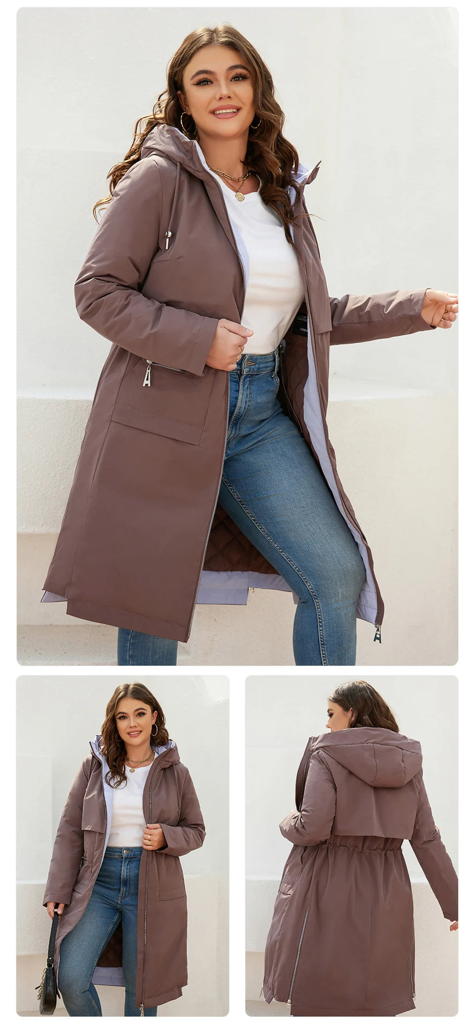 Women's jacket spring zipper long trench hooded outwear parka coat - The Clothing Company Sydney