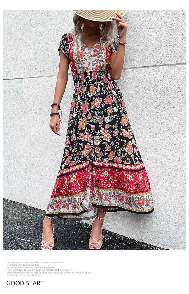 Short Sleeves V Neck Vintage Floral Boho Printed Slit Midi Dresses A Line Bohemian Summer Beach Dress - The Clothing Company Sydney