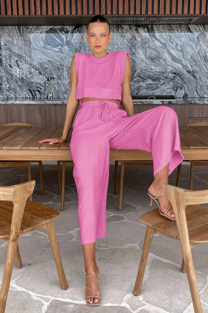 Spring Summer Holiday Linen Pant Set Crop Tops Solid Outfits 2 Two Piece Matching Outfit Set For Women - The Clothing Company Sydney