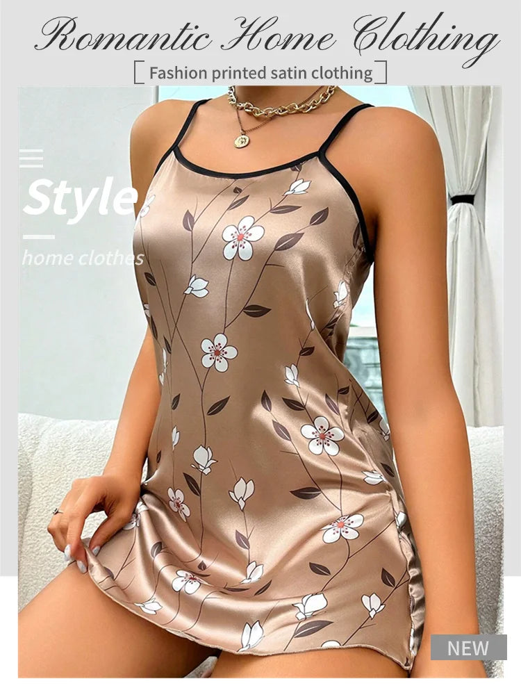 Women's Nightgown Satin Floral Print Spaghetti Strap Sleepwear Dress Luxurious Satin Slip Nightdress The Clothing Company Sydney