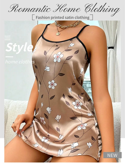 Women's Nightgown Satin Floral Print Spaghetti Strap Sleepwear Dress Luxurious Satin Slip Nightdress The Clothing Company Sydney