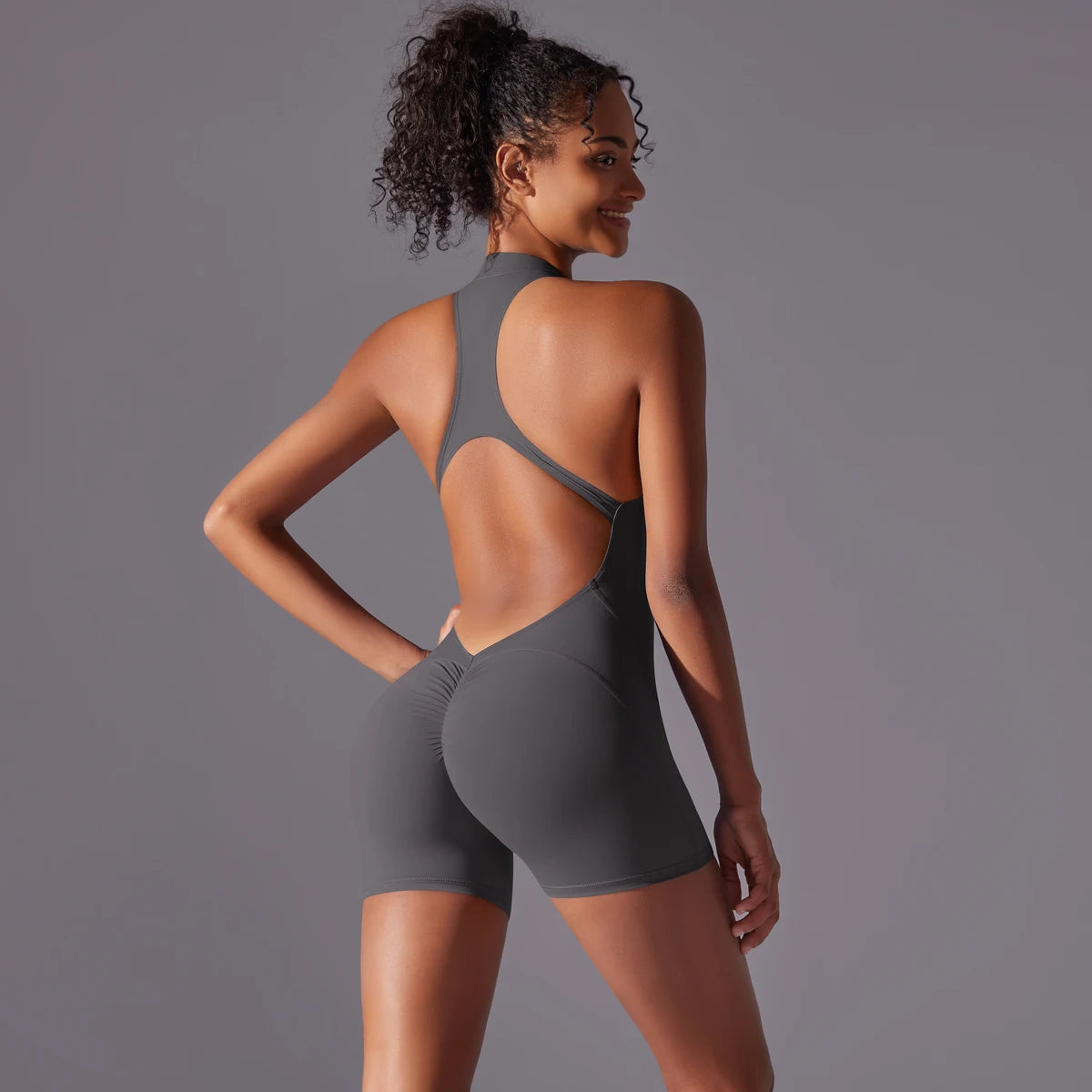 Hollow Backless Sport Jumpsuit Short Woman One Piece Gym Outfit Sleeveless Zipper Fitness Overalls Yoga Romper