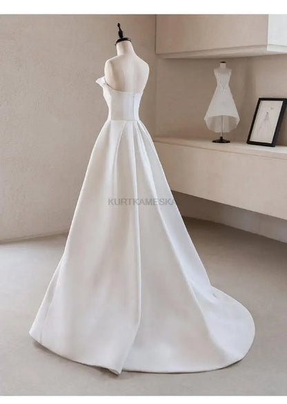 Luxury White Satin Trailing Wedding Dresses Women Elegant Strapless Long Prom Party Bridal Dress - The Clothing Company Sydney