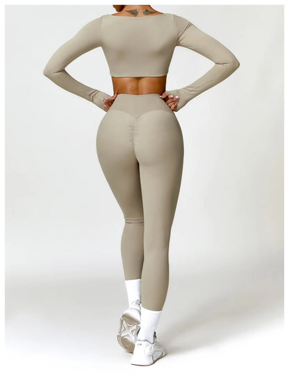 2 Piece Long Sleeve Gym Set Women Yoga Clothes Quick-Drying Sportswear Running Leggings Workout Sports Crop Top Shorts - The Clothing Company Sydney